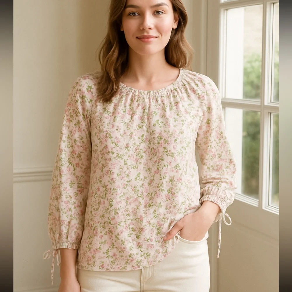 J.Crew NWOT Tie-sleeve button-front cotton poplin top meadow floral‎ size Medium